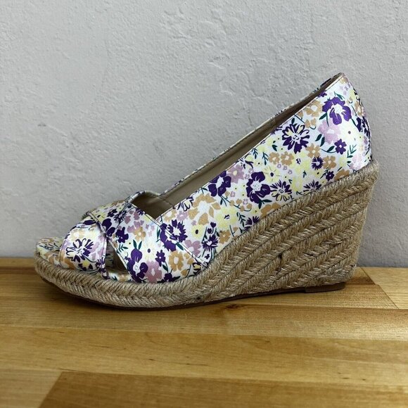 Allegra K White Purple Floral Peep Toe Platform Pumps Wedge Sandals Size 7.5 - Picture 1 of 11